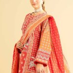 White & Silver Paste Printed Embroidered Suit - 424019081