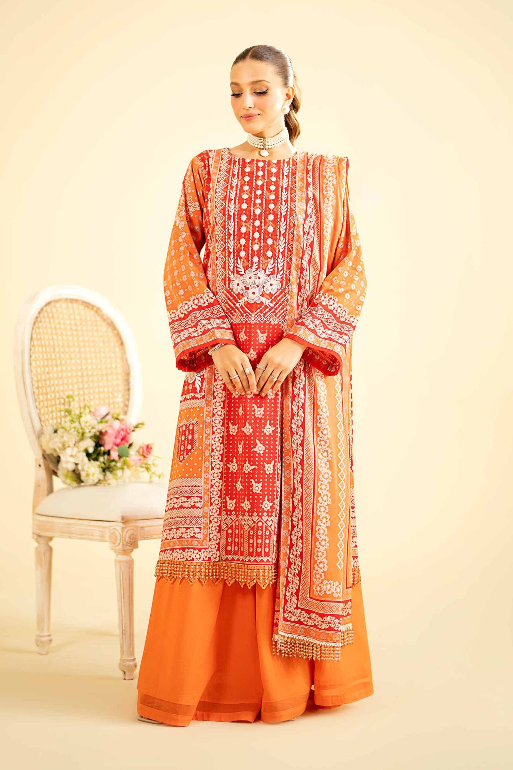 White & Silver Paste Printed Embroidered Suit - 424019082