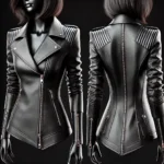 .he jacket features a sleek, fitted silhouette with a slig